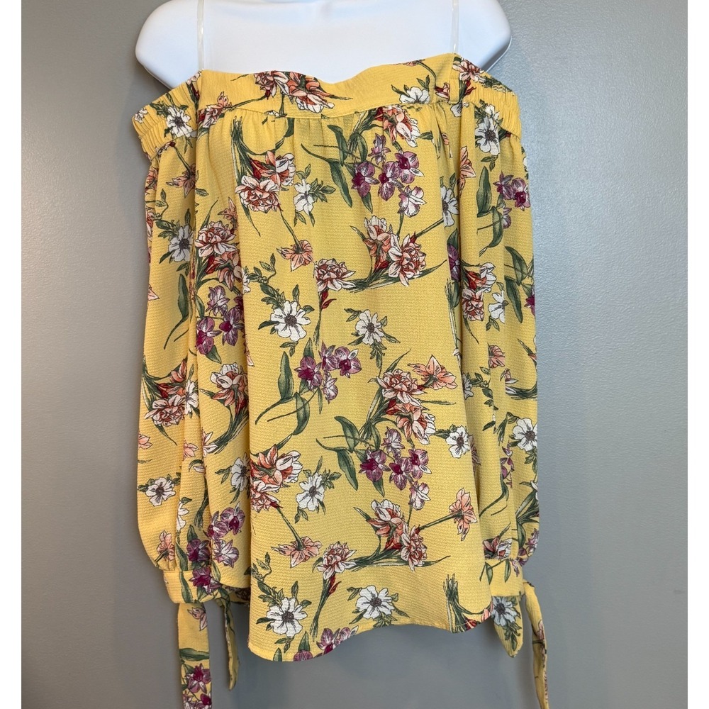 Active USA Women's Yellow Floral Off Shoulder Peasant Blouse Tie Sleeve Size Lar